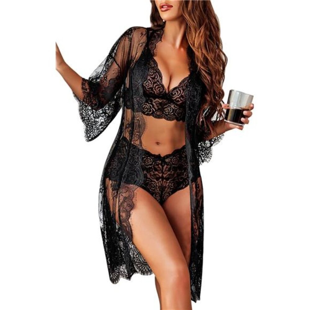 Sexy BLACK LACE LACEY 3 piece lingerie set BRA PANTIES SHEER ROBE Anniversary L - Picture 2 of 6